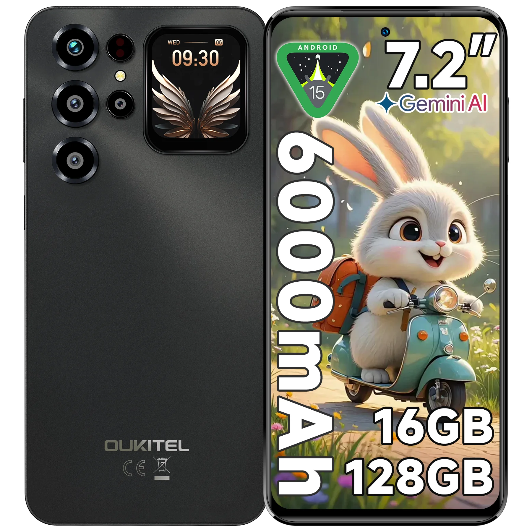 OUKITEL C68PLUS Entsperrtes Handy, Android 15 Smartphone, 6000mAh, 64MP + 8MP Frontkamera, 16GB RAM + 128GB ROM/1TB, 7,2" großes HD-Display, 1,81" hinteres Sub-Display, schlankes, leichtes 4G LTE