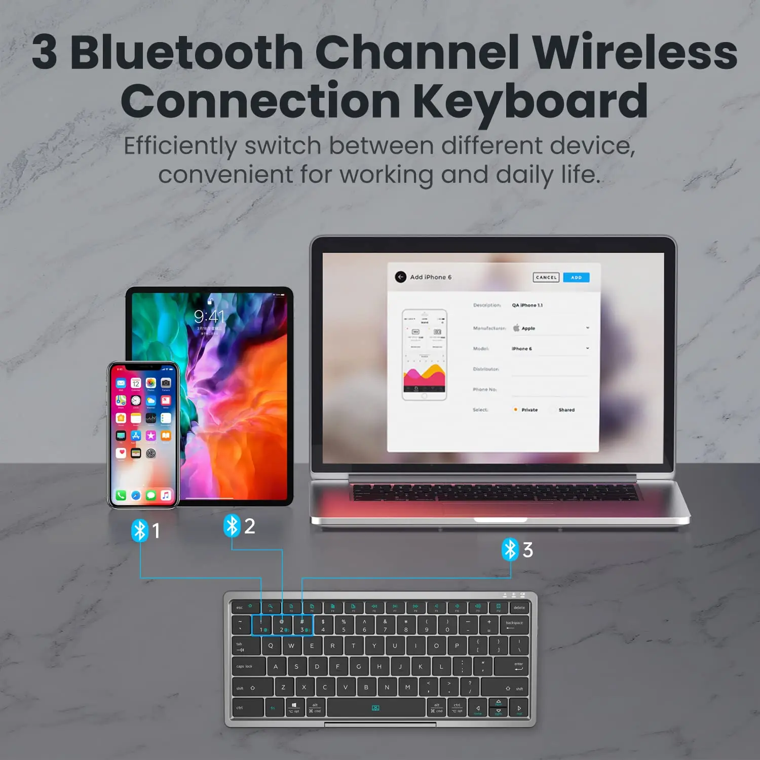 Wireless Keyboard Multi-Device Bluetooth with Touchpad Removable  Cover Foldable Stand Rechargeable for Windows Android iOS Tabl