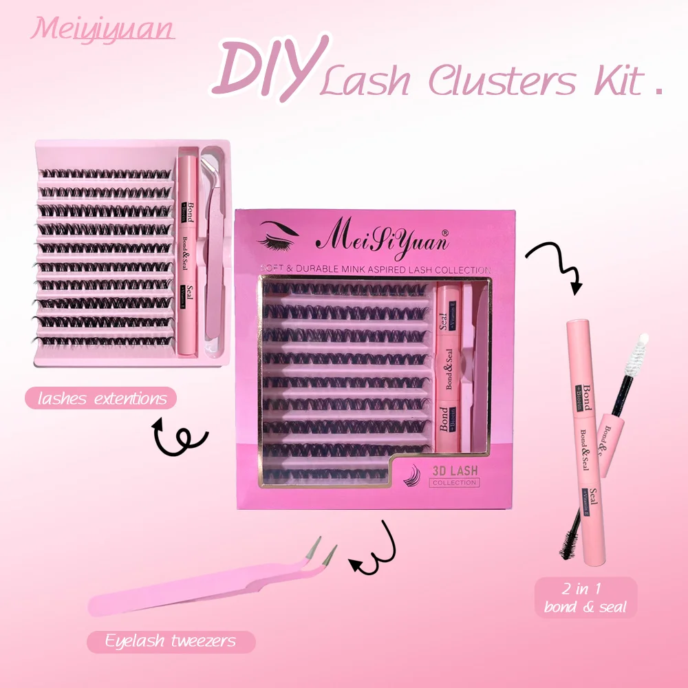 Kit de pestañas en racimo 3D, 190 Uds., juego de extensiones de pestañas DIY con accesorios de pegamento, rizador de pestañas, herramientas de maquillaje de unión y sellado