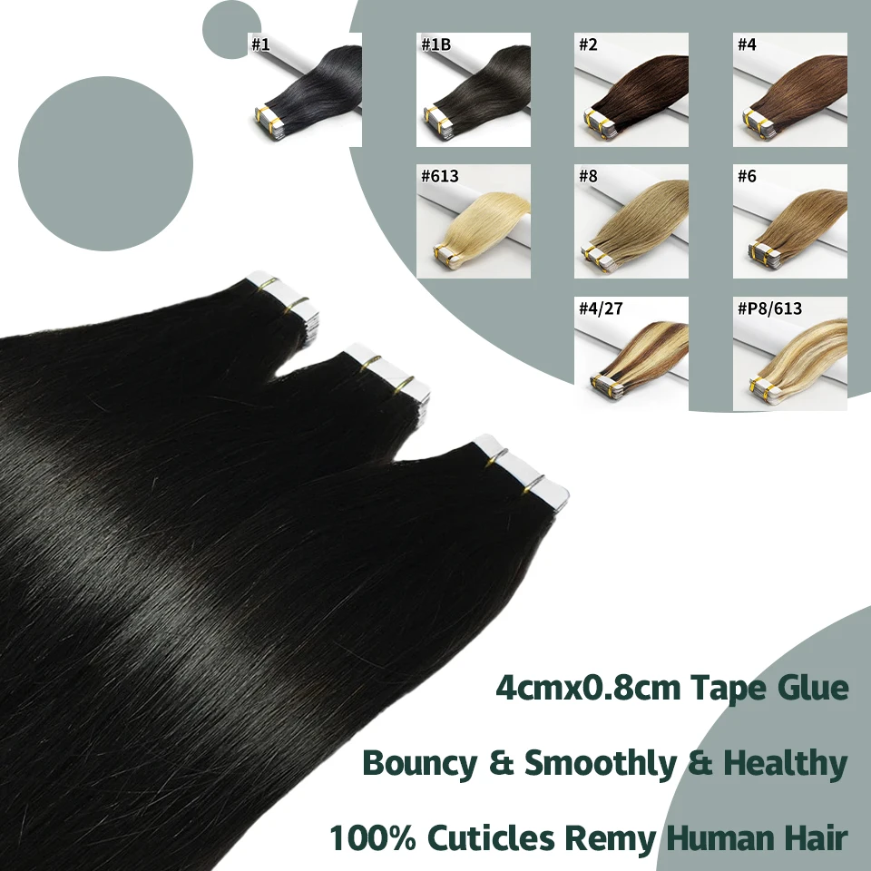 Extensions de cheveux humains vierges sans couture pour femmes, 100% Remy, noir naturel, ruban adhésif, droit