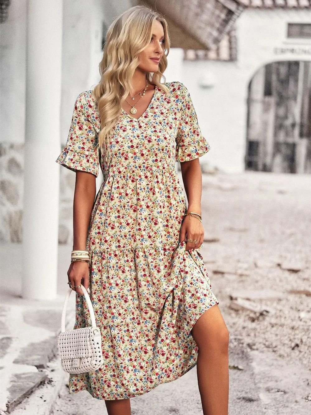 Zomer Dames V-hals Elegant Gedrukt Korte Mouw Hoge Taille A-lijn Bloemen Vakantiejurk - afbeelding 2