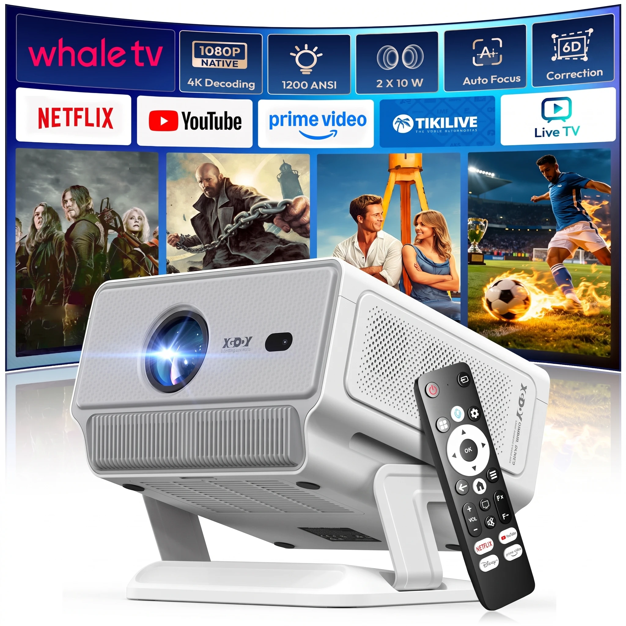XGODY N8 Beamer Native 1080P 1200 ANSI Autofokus Trapezkorrektur Netflix Kurzstrecke Heimkino WiFi6 2×10W CE RED