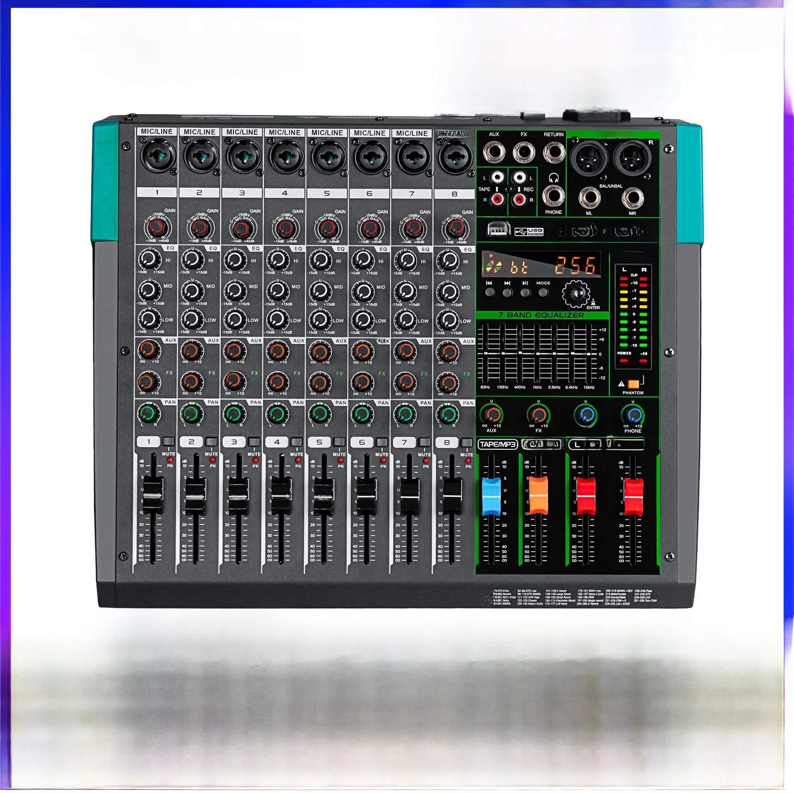 Profesjonalny mikser audio Depusheng MG8 8-kanałowy, konsola mikserska, system miksowania DJ, wbudowany interfejs, 256 efektów reverb. — zdjęcie produktu 7
