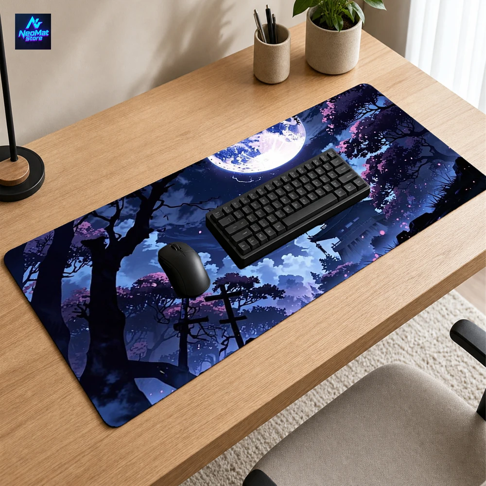 Japanese Sakura Mouse Pad XL Laptop Gaming Desk Mat 90x40 Moonlit Temple Forest Cherry Mousepad Blossom Night Sky Accessories