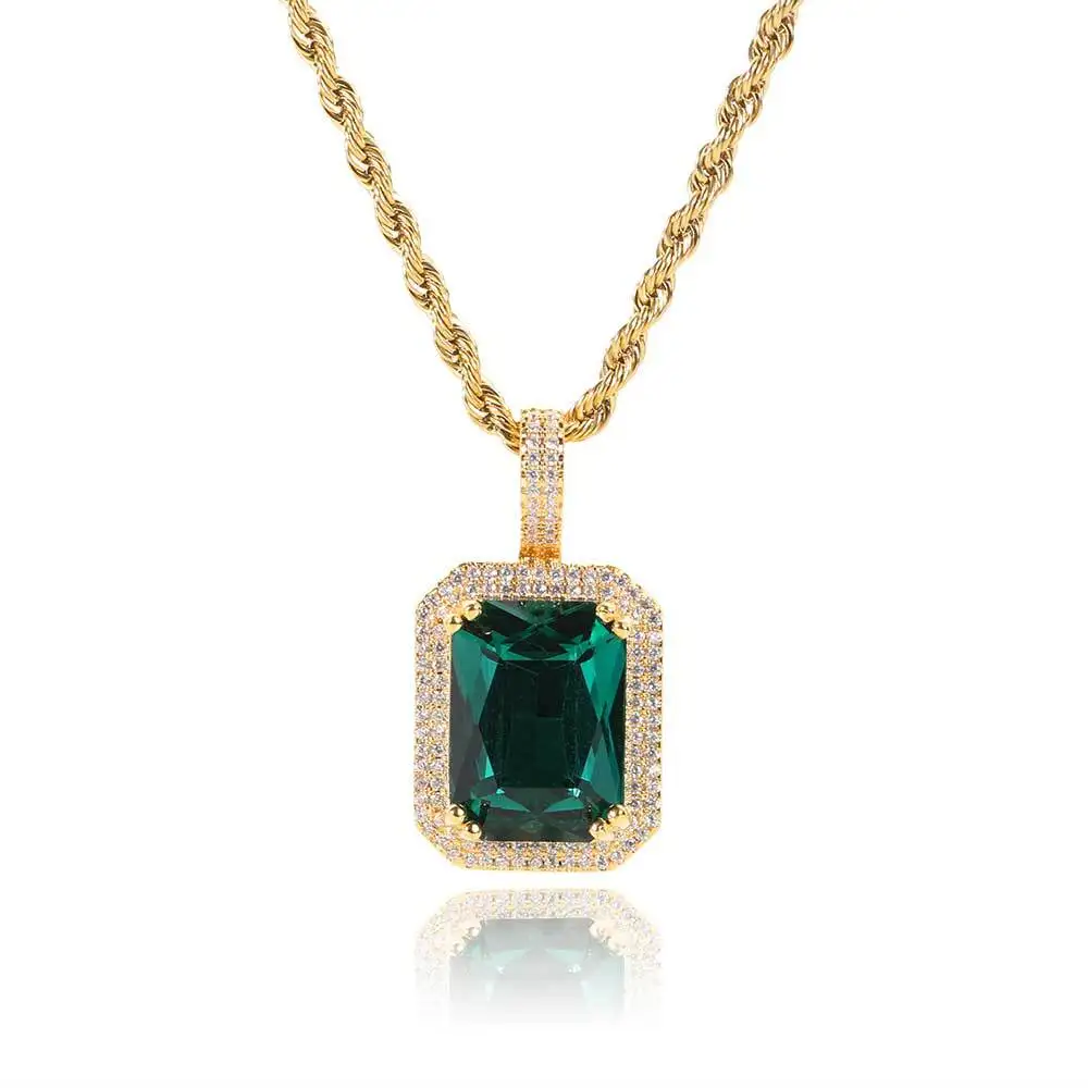 Filled Cubic Zirconia Necklace Green Square Pendant Black Gemstone Red Pink Stone Birthstone Punk Jewelry Hip Hop 2024