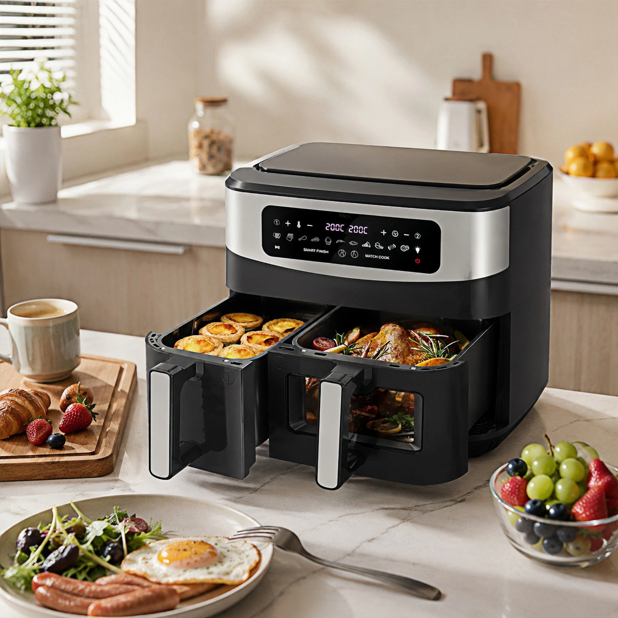Friteuse sans huile 10L XXL à double panier 6L+4L, 2800W, fenêtre de contrôle, écran tactile LED, 12 programmes, température réglable 50–200°C, minute