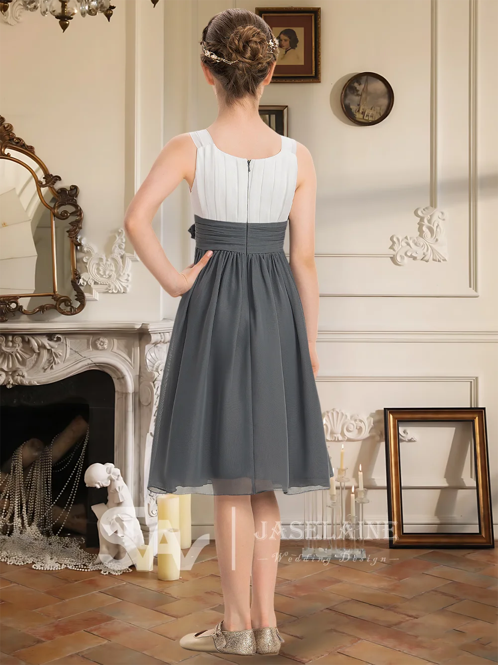 

B A-Line Scoop Neck Knee-Length Chiffon 3D Floral Junior Bridesmaid Dress Flower Girl Dress Girls Party Dresses Wedding Formal