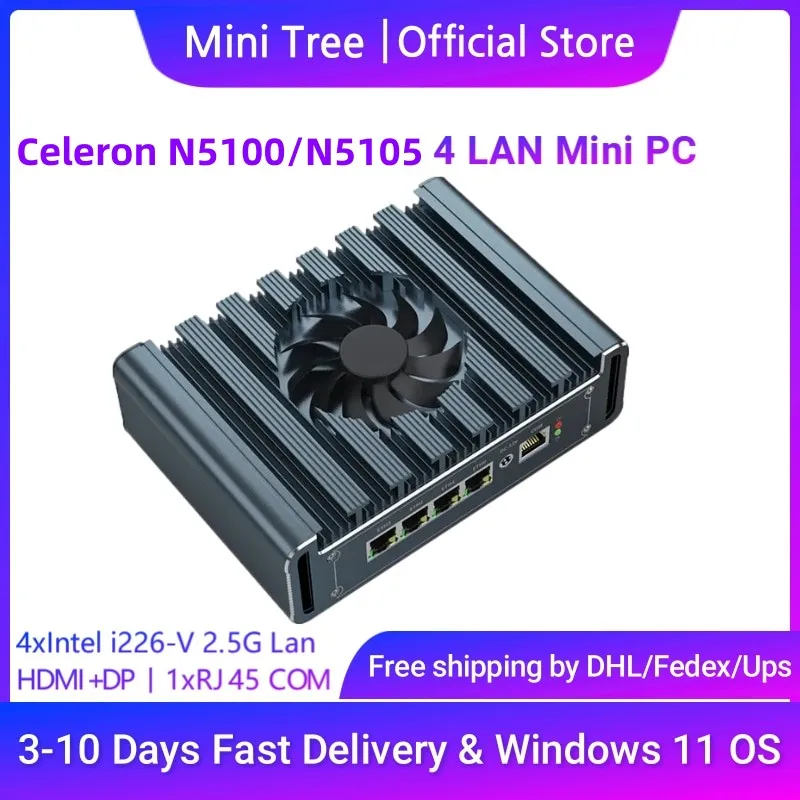 كمبيوتر صغير للمكتب المنزلي Celeron J5005 J6412 6305U 4x I226 2.5G Lan جهاز توجيه جدار الحماية الصغير يدعم UEFI Linux Pfsense OS HD DP 4G