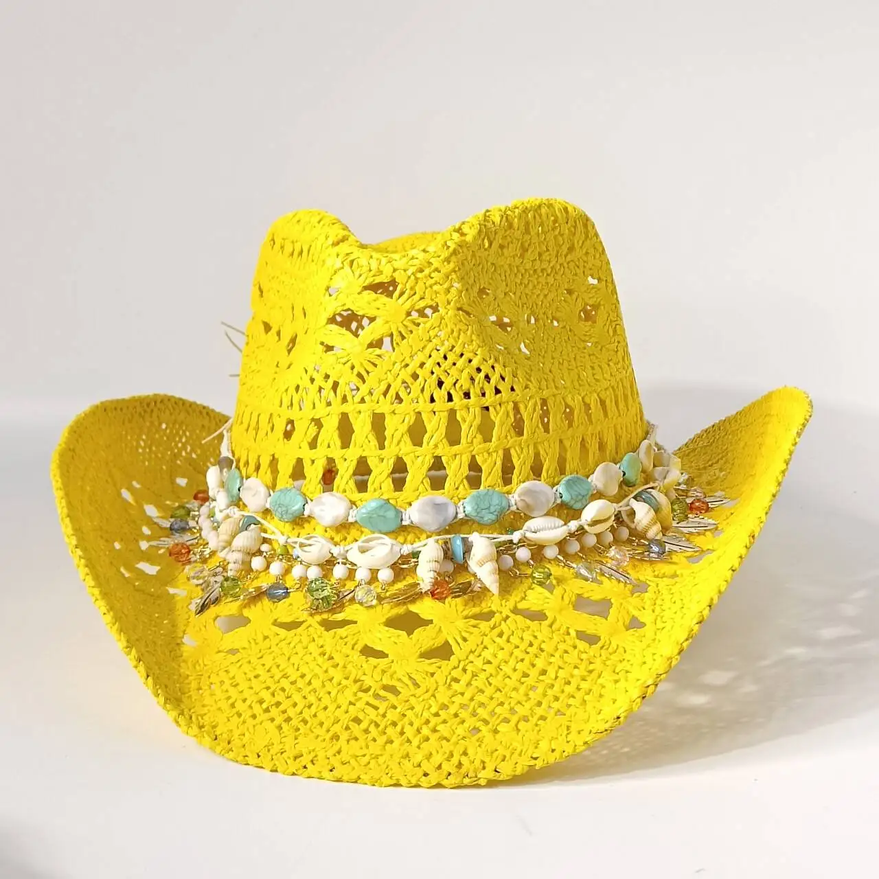 Women'S Yellow Crochet Western Cowboy Hat Breathable Hollow Out With Turquoise Sea Shell Beaded Band For Summer Beach Sun Protec