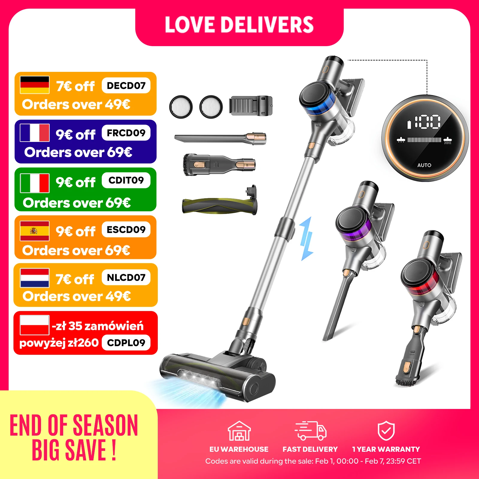 Inse S9X Aspirateur sans Fil, 55KPa, 55min, Tasse à Poussière de 1 L, Affichage Lumineux Batterie, pour Poils D'animaux, Tapis