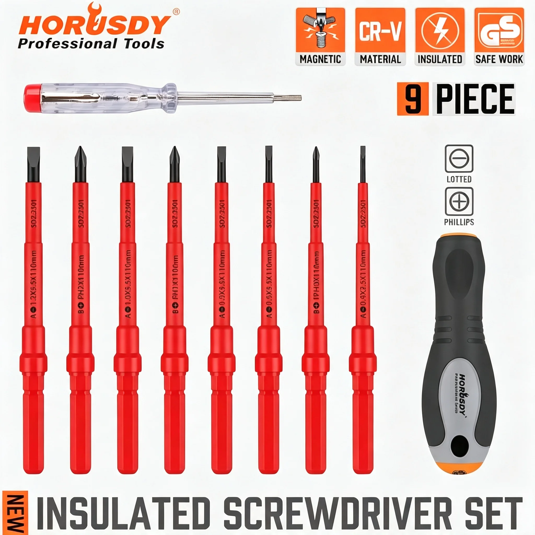 HORUSDY 9PC Insulated Screwdriver Set | 1000V Rated, CR-V Magnetic Tips, Interchangeable Handle, GS Certified | Electrician Tool