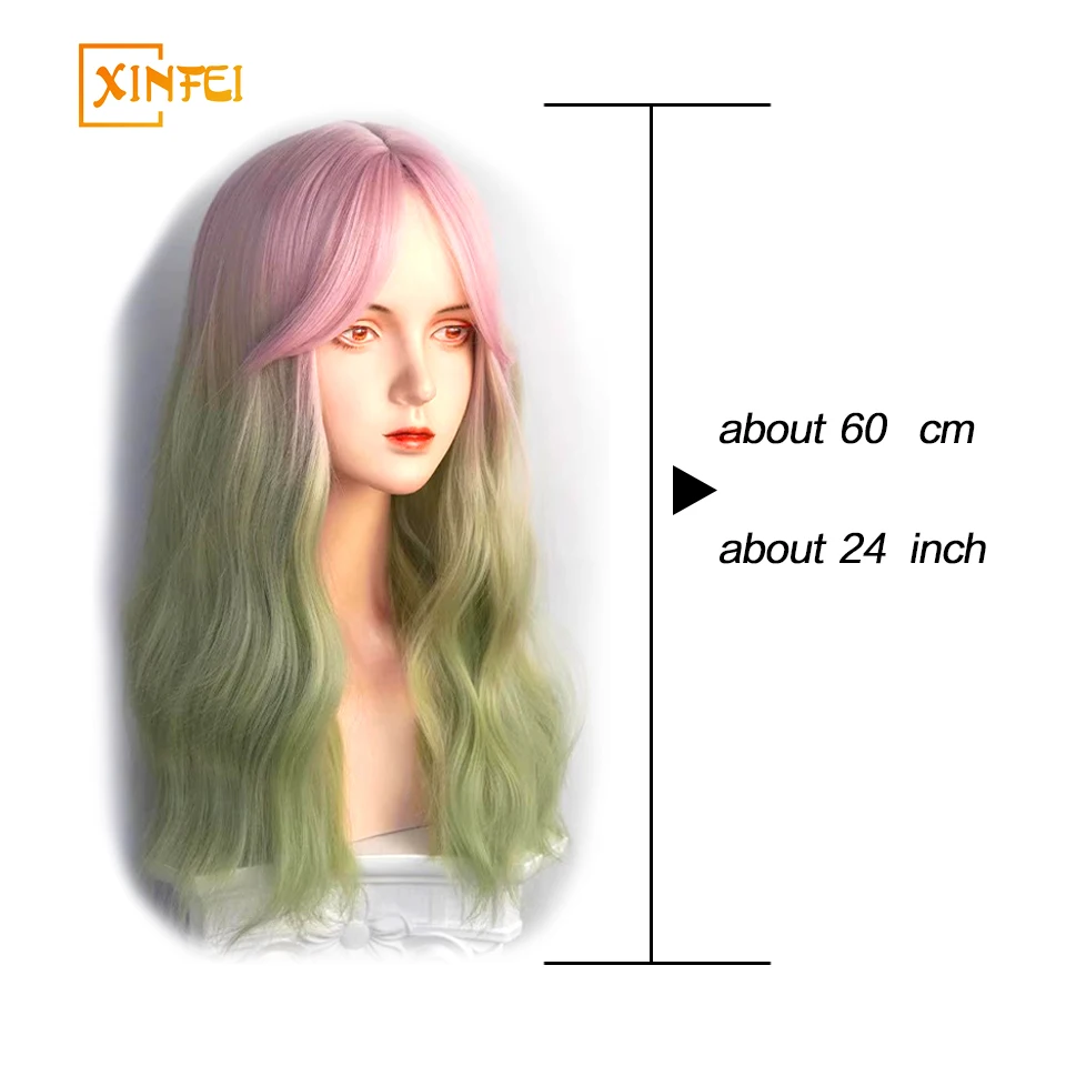 XINFEI Pink Green Long Wavy Women Synthetic Wig with Bangs Lolita Cosplay Fluffy Heat Resistant Wig for Daily Party