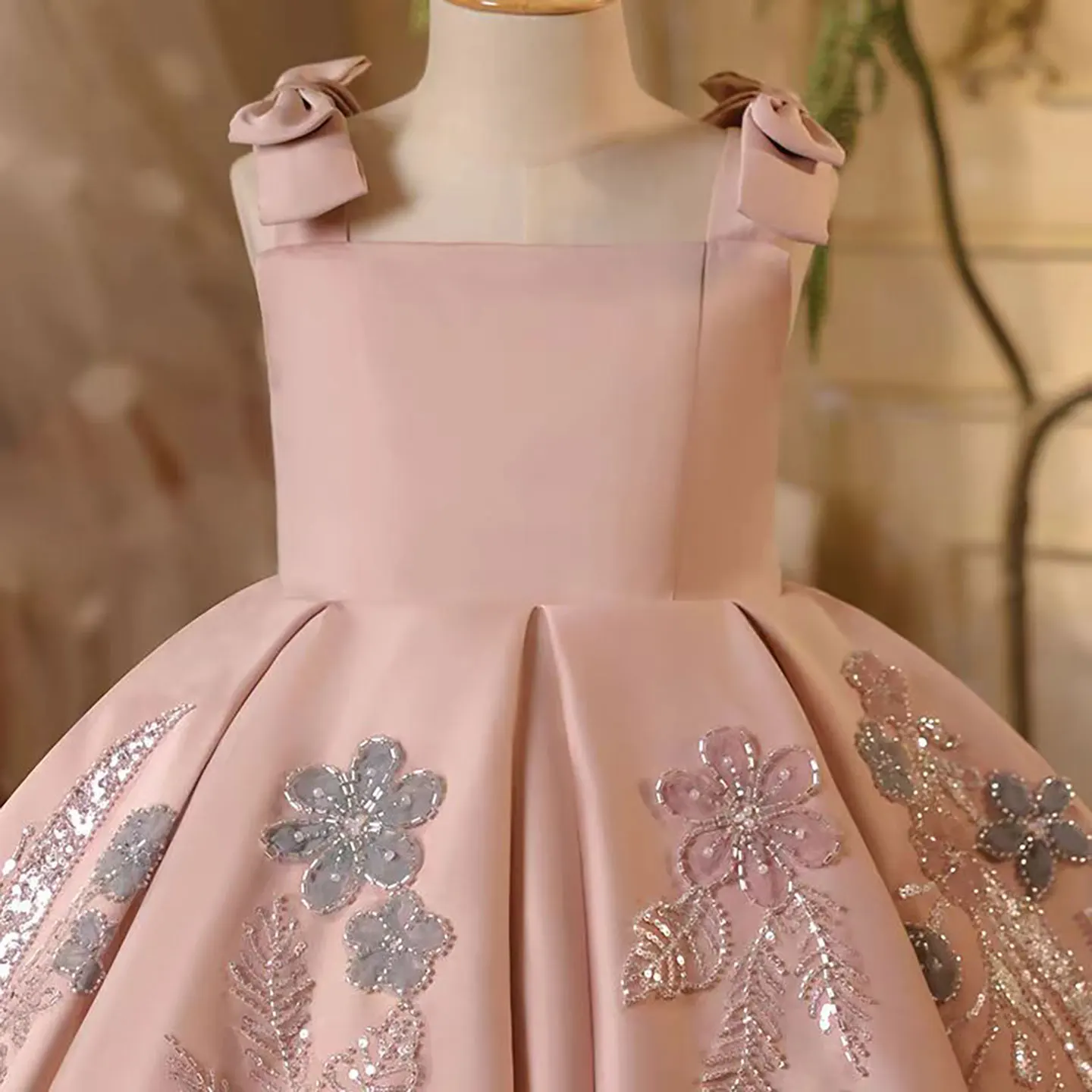 Dreamy Vow D061 Splendido colletto quadrato senza maniche con fiocco in raso rosa per bambina abiti da ragazza di fiore da sera abito da ballo corto da ballo
