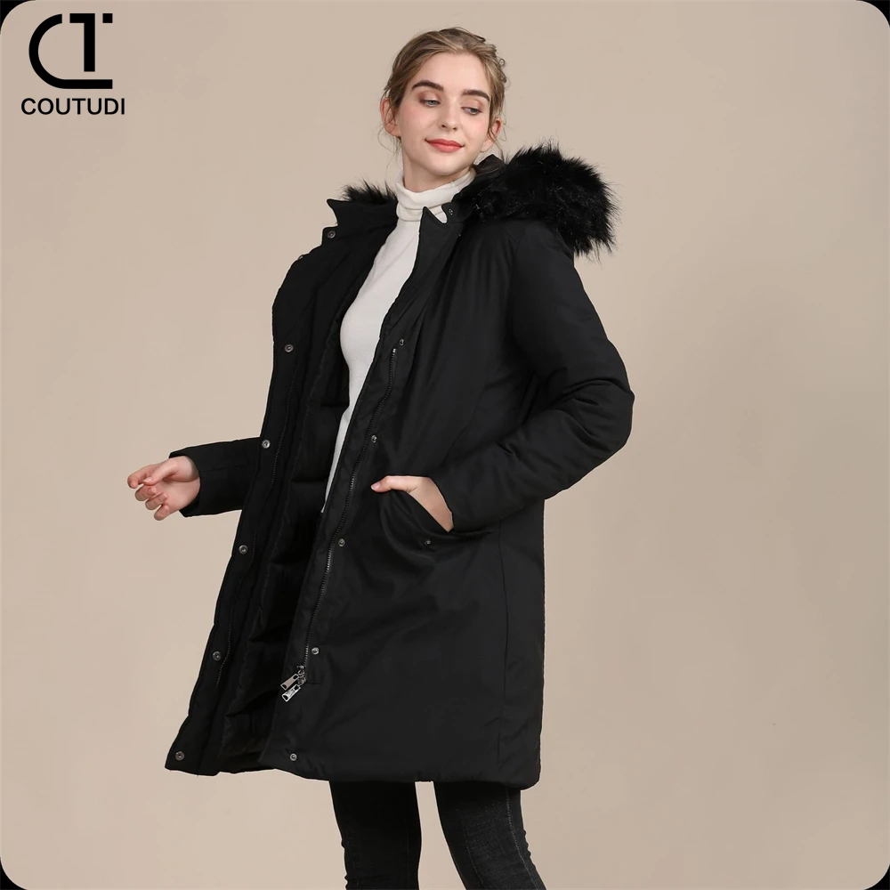 COUTUDI-Long Parkas with Fur Hooded for Women, Warm Down Jacket, Casual Coat, Female Overcoat, Winter Fashion, New, 2024