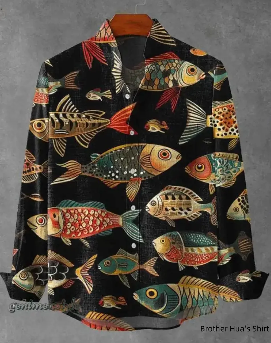

New Men's Stand Collar Long Sleeve Shirt 3D Printed Linen Fish Pattern Fashion Gentleman Hawaiian Long Sleeve Shirt Spring Summe