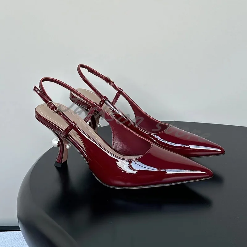 New Arrival Patent Leather Strap Versatile Women Sandals Pointed Toe Fashion Formal High Heel Buckle Slip On Pear Dress Shoes