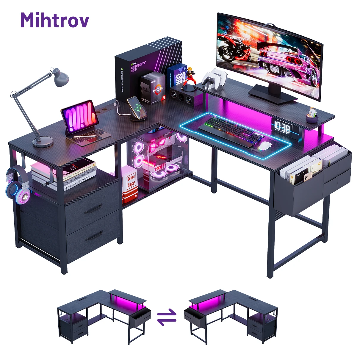 Mihtrov Bureau en L avec clapier, Bureau Gaming avec éclairage LED, Bureau d'ordinateur avec Prise de Courant, Bureau d'angle avec tiroir classeur et 