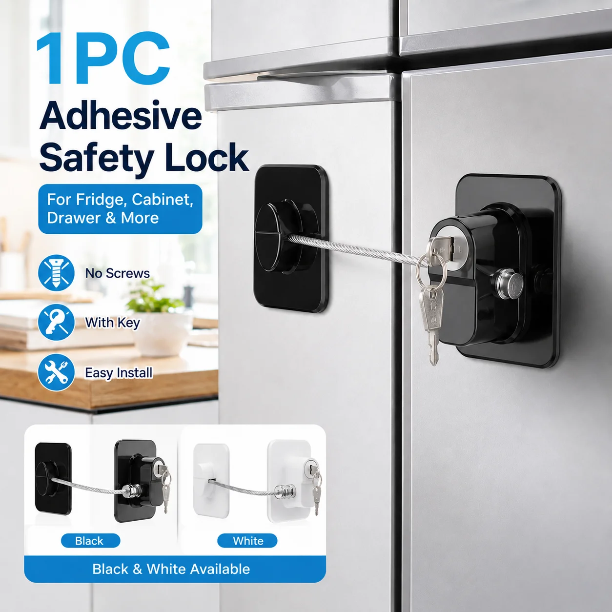 1PC Fridge Lock Adhesive Refrigerator Cabinet Drawer Safety Lock with Keys No Drill for Freezer Door Black White