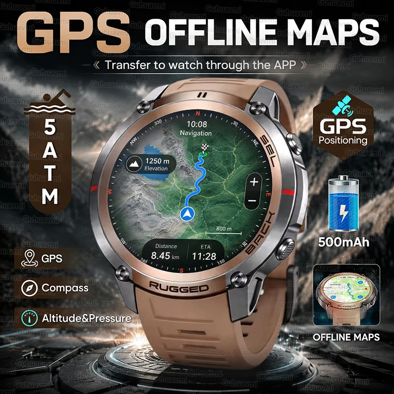 Montre intelligente GPS militaire, positionnement par satellite, carte hors ligne, écran AMOLED de 1,43 pouces, appels Bluetooth, boussole, étanche 5ATM, montre intelligente de fitness pour l'extérieur.
