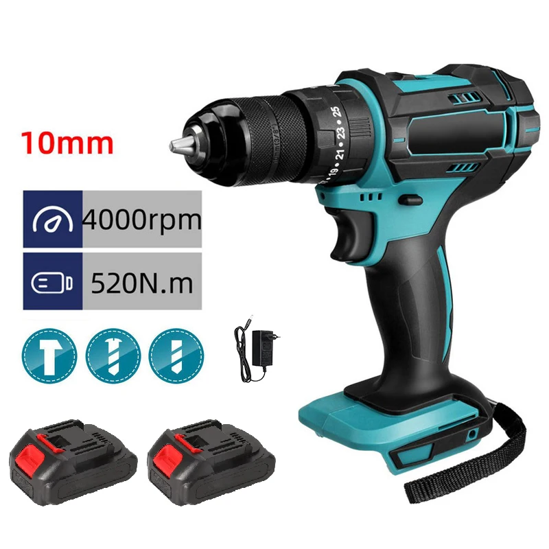 3 IN 1 4000rpm 520N.M Torque Electric Impact Drill 10mm Chuck Flat Drill Hammer Electric Screwdriver for Makita 18V Battery