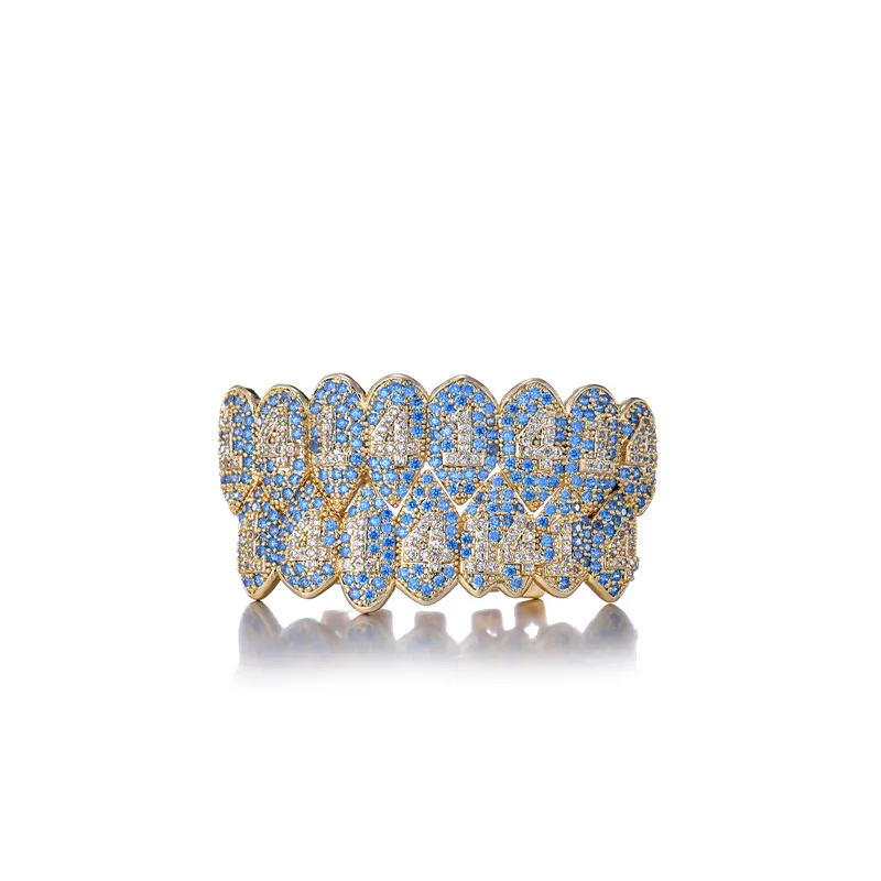 الهيب هوب الكامل تشيكوسلوفاكيا الأزرق الأحجار الأسنان جريلز قبعات مكعب الزركون مثلج خارج مايكرو تمهيد العلوي والسفلي Grills مجموعة للرجال النساء مجوهرات