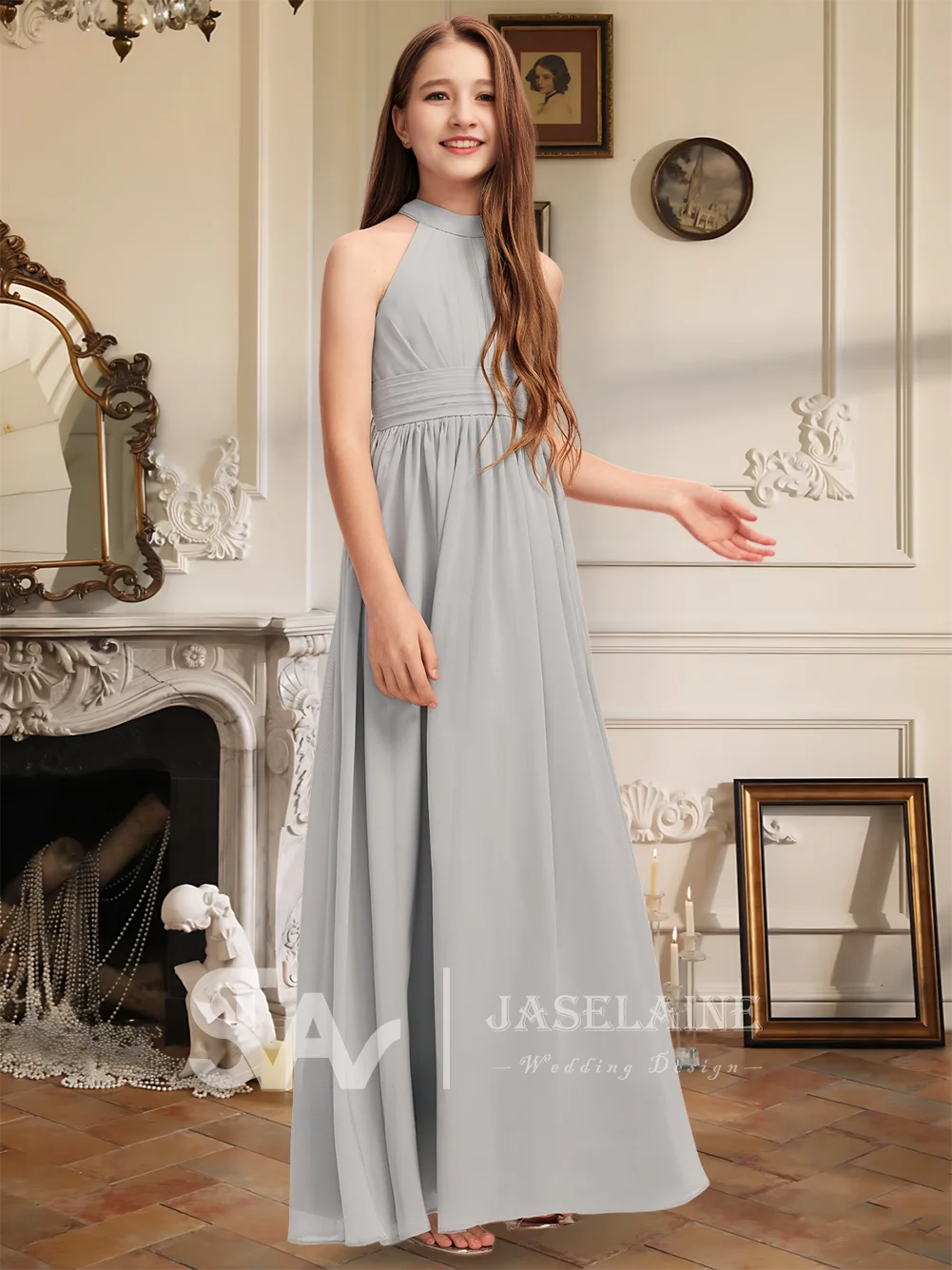 エレガントな A ライン ホルター マキシレングス シフォン ジュニア ブライズメイド ドレス プリーツ フラワー ガール ドレス 女の子 パーティー 結婚式 フォーマル