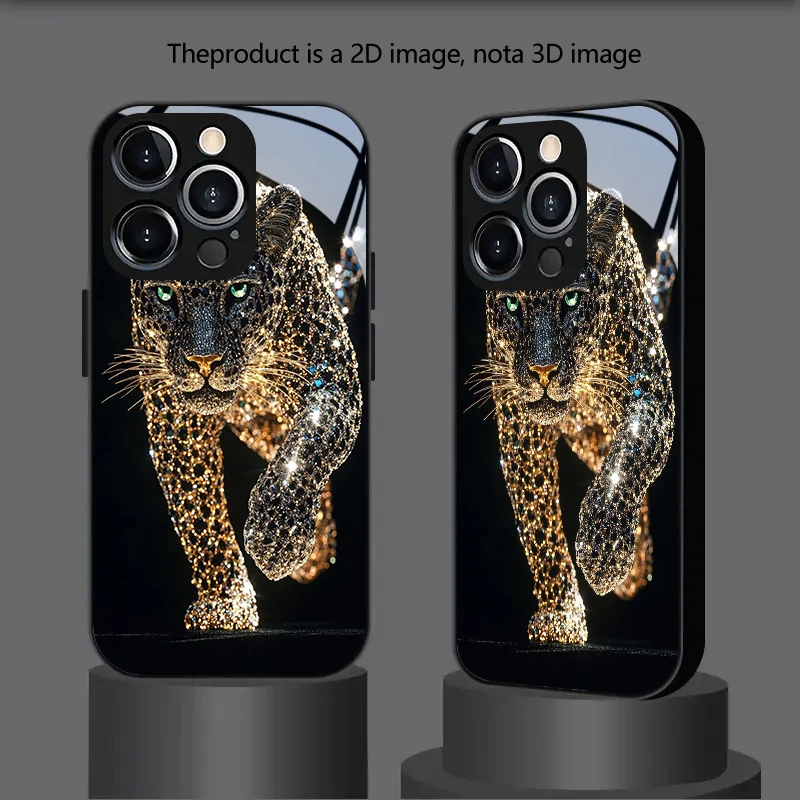 PROTECT Diamond-set Gold Cheetah for iPhone 17/16e/16/15/14/13/12/Max/11/Pro/Plus Luxury Tempered Glass Protective Case view 5