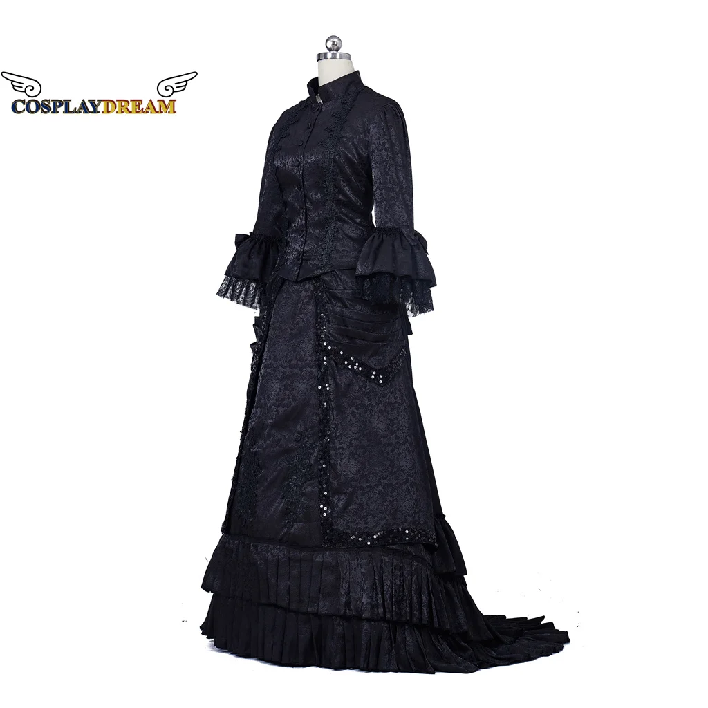 18th Century Medieval Victorian Dresses Masquerade Black Bustle Dress Ball Gowns Reenactment Costume Victorian Mourning Dress