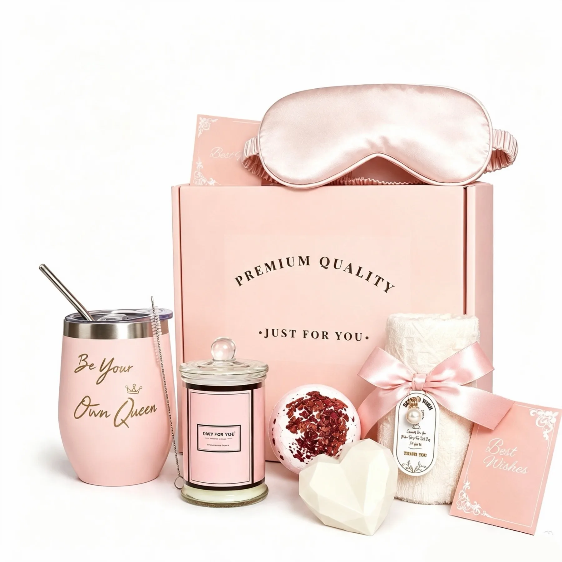 Care Package Cadeauset Luxe Zelfzorg Cadeauset voor Vrouwen, Wellness Cadeaubox met Thermosbeker, Geurkaars en Badaccessoires, Ideaal Verjaardagscadeau, 8-delig, Valentijnsdag, Kerst &