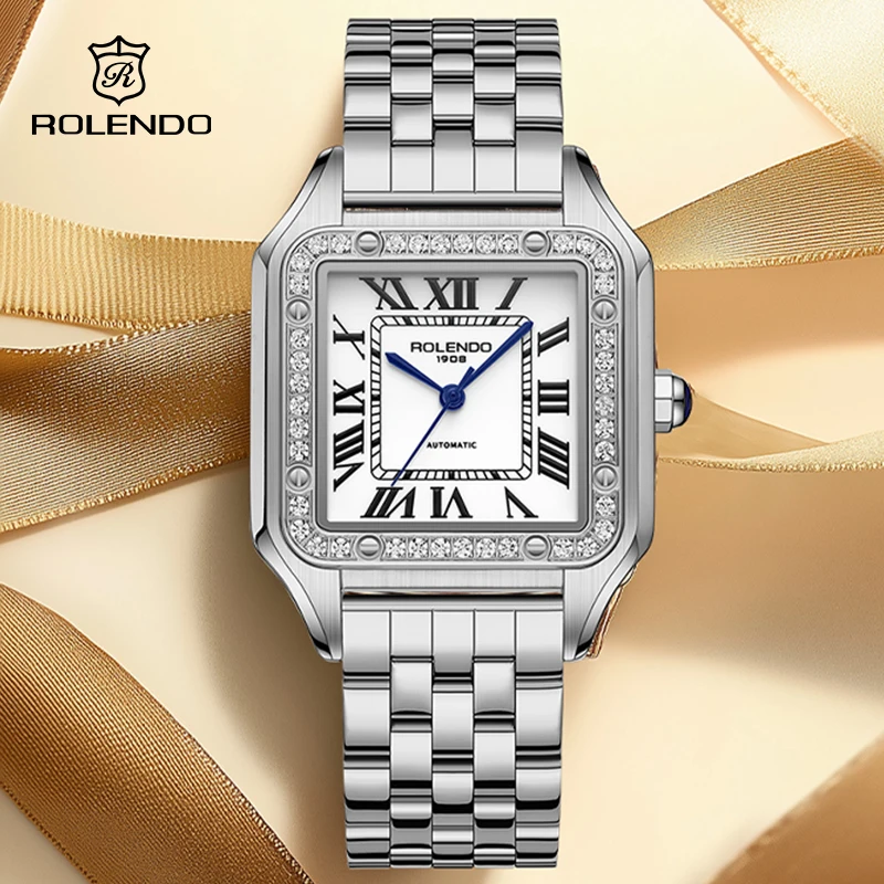 

ROLENDO Women's Classic Square Watch for Santos 33mm Diamond-Set Mineral Crystal Roman Scale Luxury Automatic Wristwatch Gift