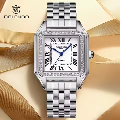 ROLENDO Women's Classic Square Watch for Santos 33mm Diamond-Set Mineral Crystal Roman Scale Luxury Automatic Wristwatch Gift