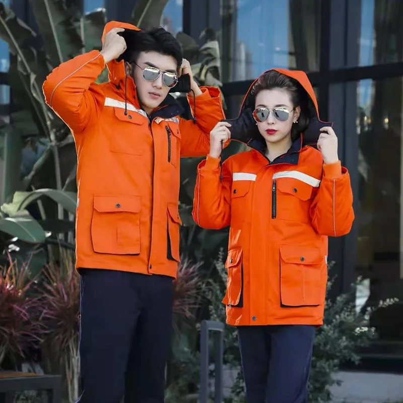 2026Winter Thick Cotton Padded Workwear Outdoor Cold Proof Worker Wadded Jacket Overcoat Reflective Safety Working Suit For Men