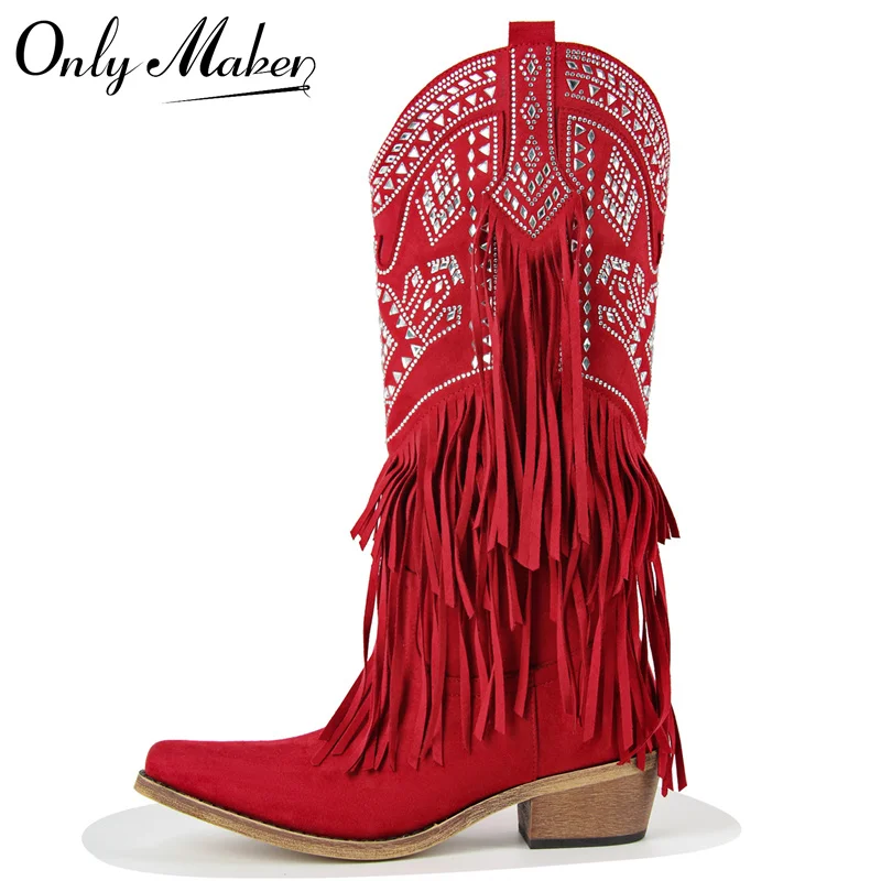 

Onlymaker Women Pointed Toe Fringe Pull On Retro Western Cowgirl Boots Fringed Chunky Heel Embroidery Cowboy Boots