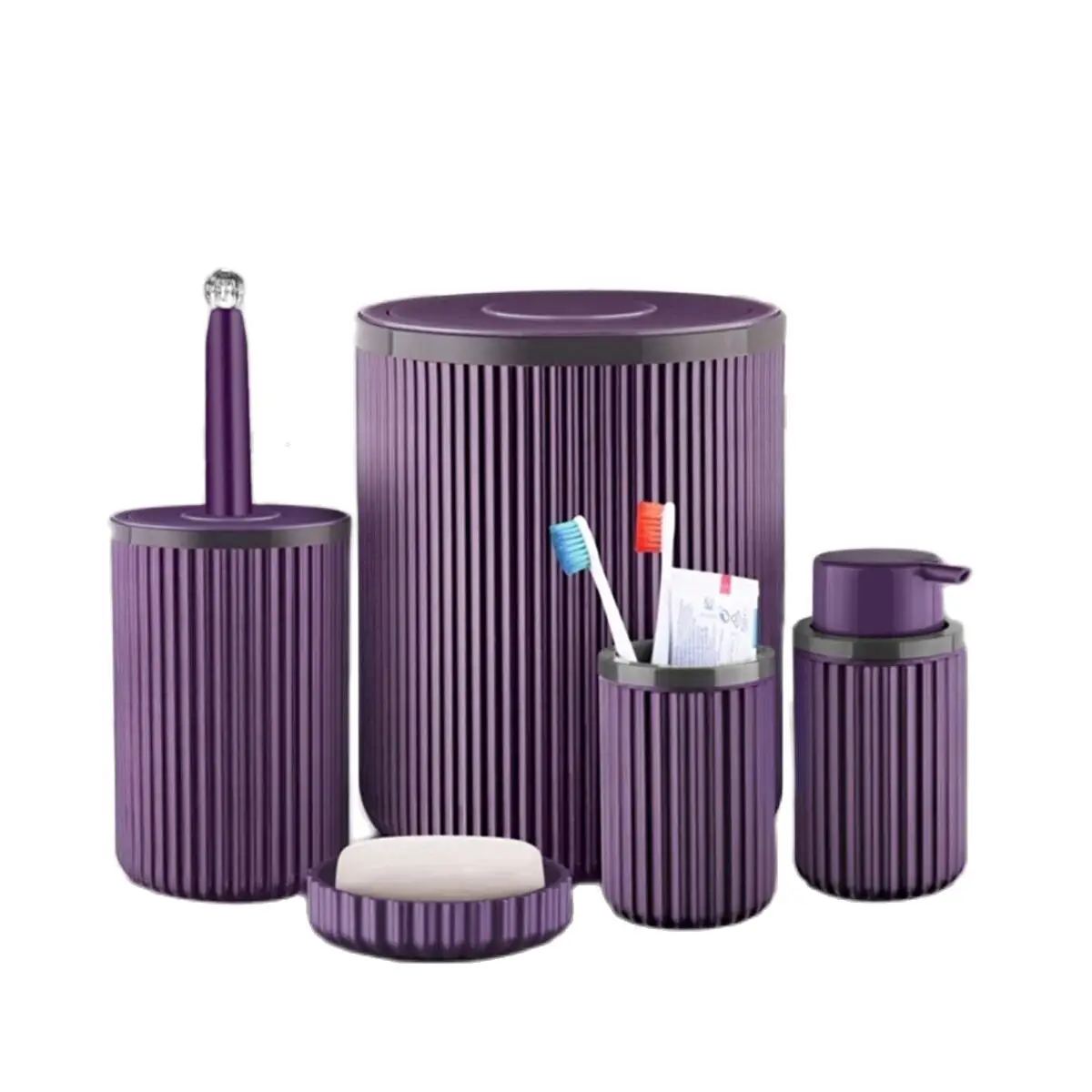 Bathroom Accessory Set Purple Striped 5 Pcs Plastic Toothbrush Holder Liquid And Solid Soap Dispenser Toilet Brush Trash Can