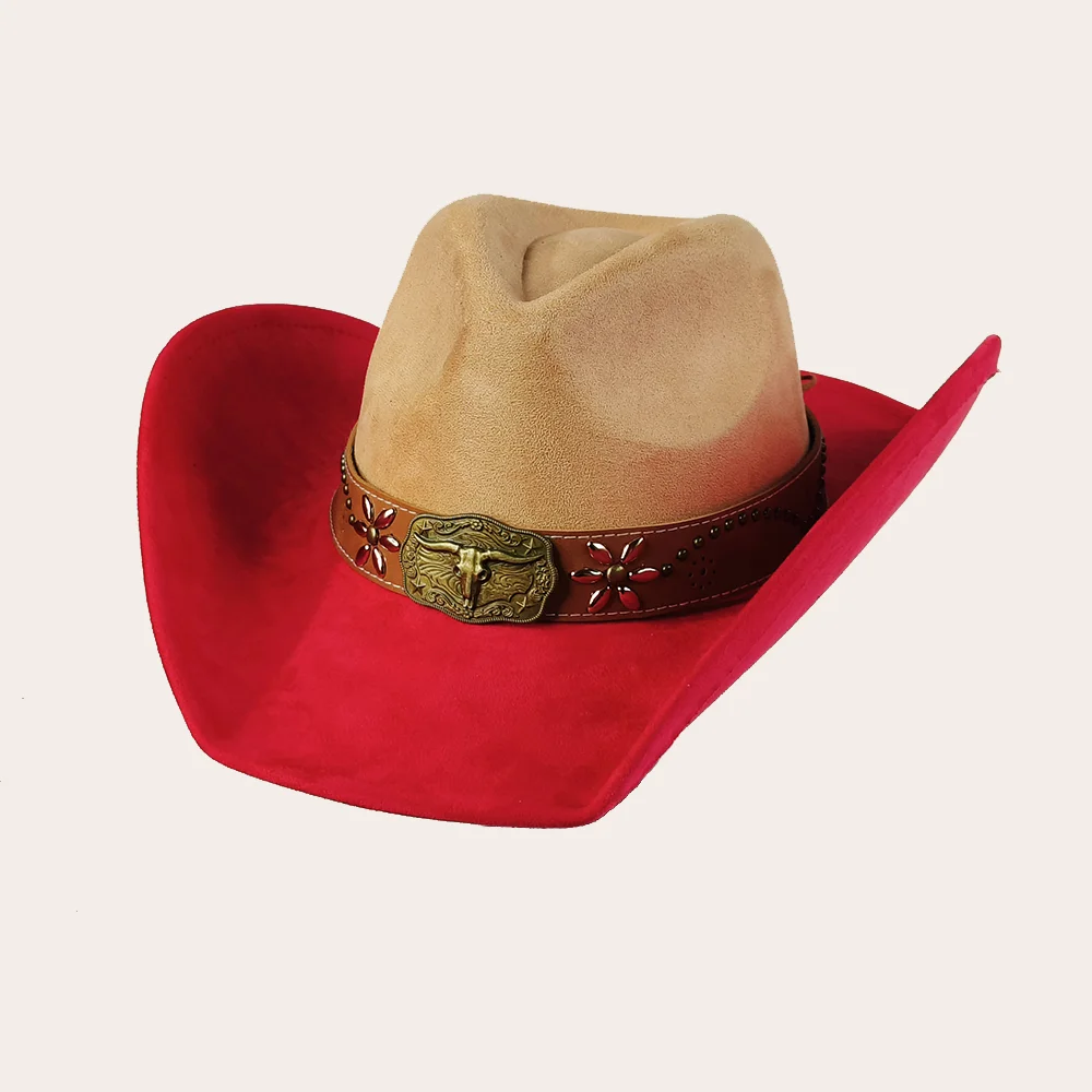 Neuer farbblockierter Western-Cowboyhut für Herren, Retro-Wildleder-Cowboyhut für Herren, breite Krempe, Filz-Fedora-Hut, Vintage-Panama-Muster für Herren