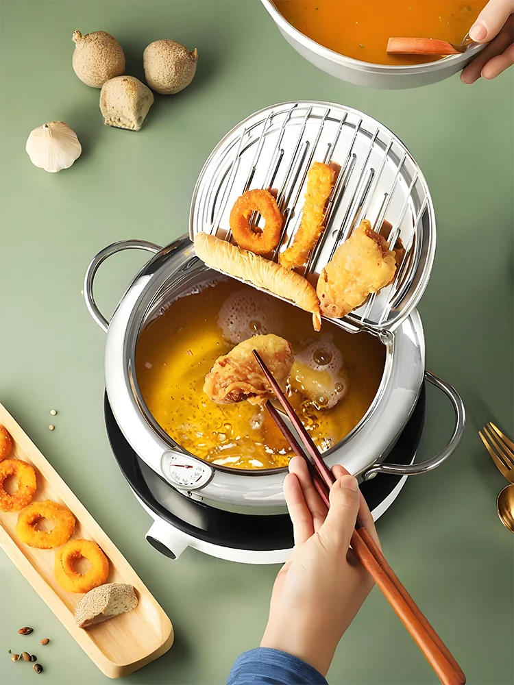 Frittiertopf mit Ölablass, Temperaturregelung und Deckel, Tempura-Fritteusentopf für Küchenherd/Induktionsherd, Pommes Frites