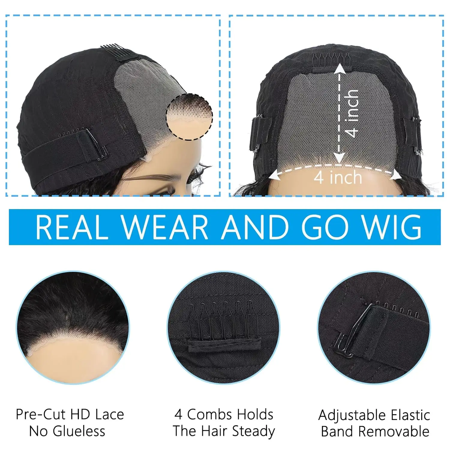 Peluca sin pegamento Wear and Go, pelucas sin pegamento de onda profunda, peluca de encaje precortada de cabello humano lista para usar pelucas con cierre frontal de encaje 4x4 para mujeres