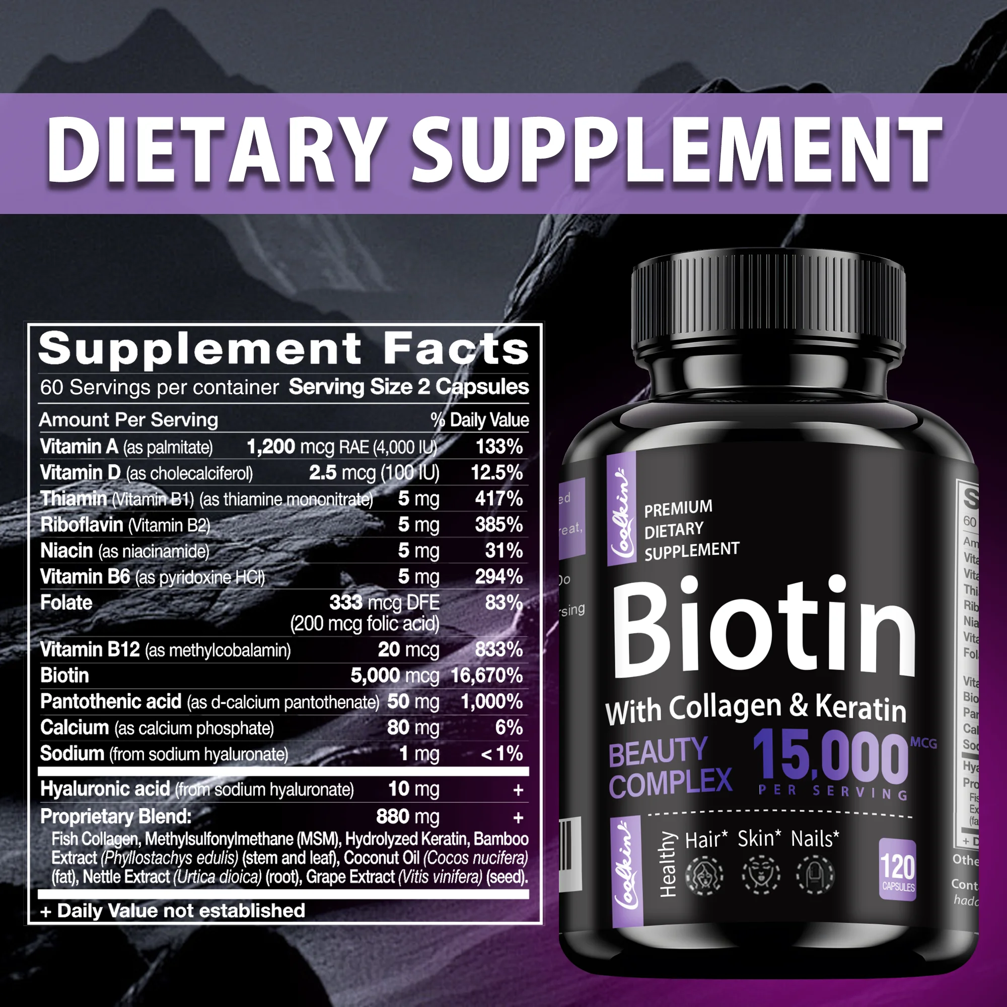 Biotin Supplements - with Collagen, keratin - Supports Hair, Nails, Skin Health, Antioxidant - 120 Capsules