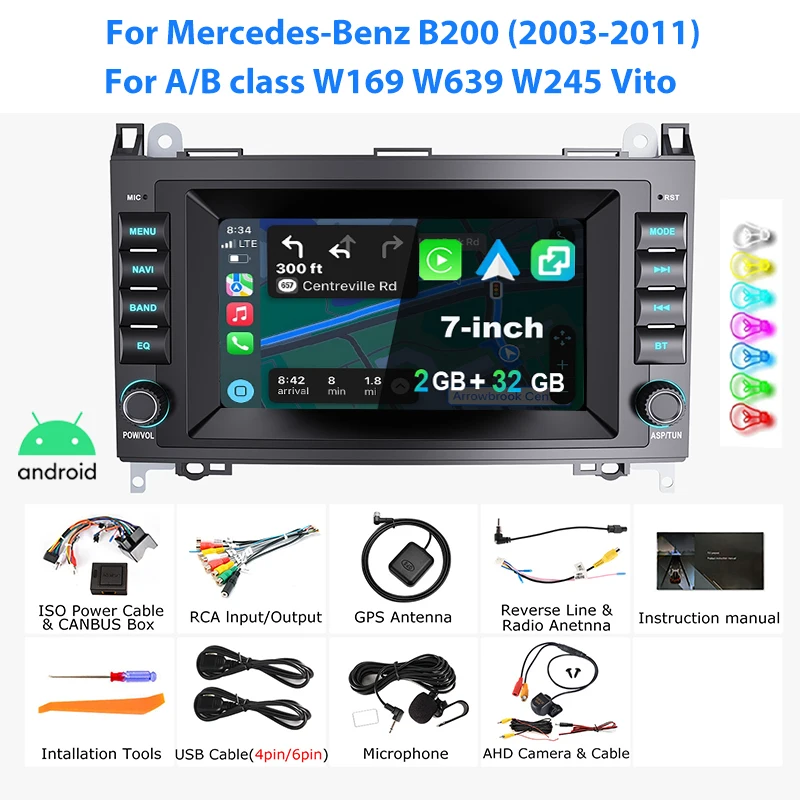 ESSGOO 7'' Android15 2+64G 2+32G 6+128G voor A-klasse B-klasse W169 W639 W245 Vito autoradio draadloze CarPlay Android Auto GPS navigatie RDS FM WiFi Bluetooth Mirror link touchscreen