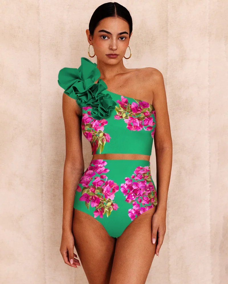 2024 Vintage Rose Pink Bougainvillea Flower Printed Bikini Set Swimsuit and Skirt Swimwear Women Beachwear Bathing suit bikini