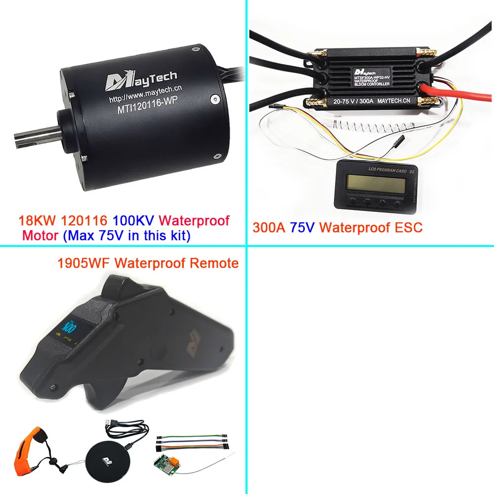 

Fully Waterproof Electric Surfboard Kit 18KW 120116 Motor + 60V 300A ESC + Upgraded V3.0 MTSKR1905WF Hand Remote