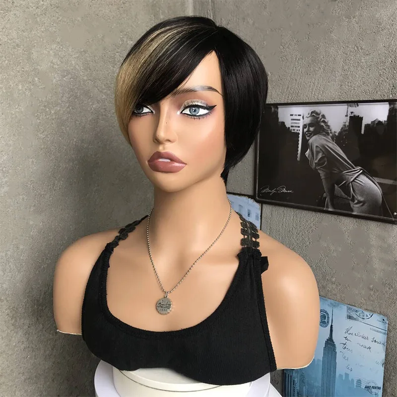 Ombre Pixie Cut Wig With Bangs Brazilian Virgin Human Hair Full Mahine Made Wigs-Short Straight Bob Style For Women