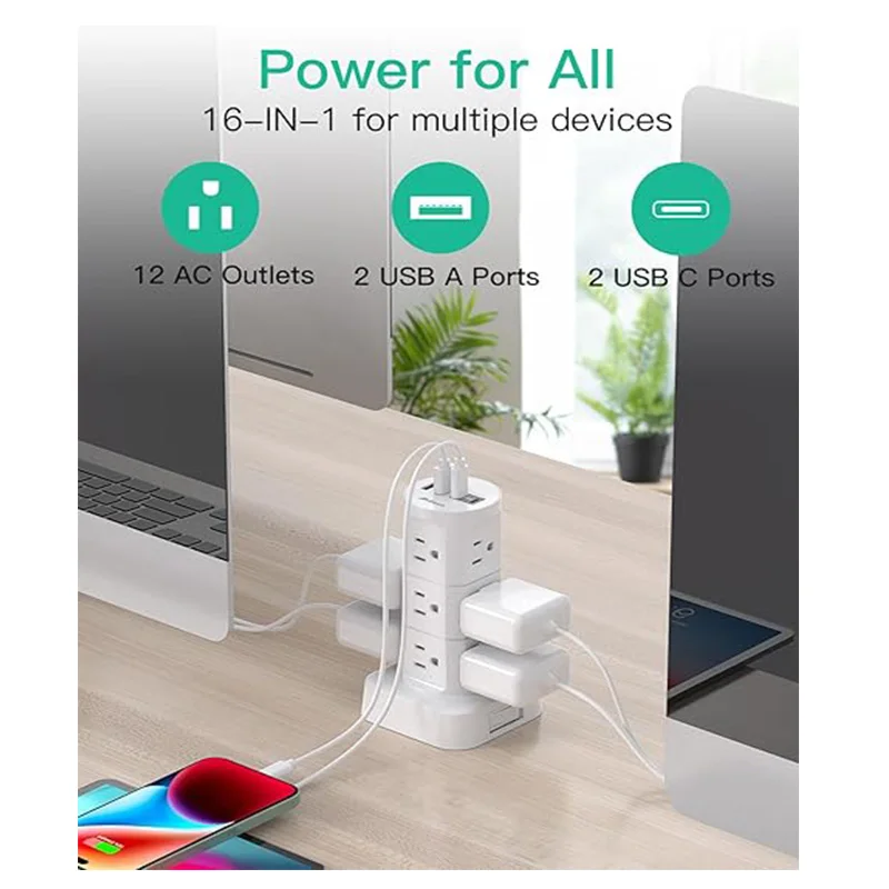 Power Strips with Surge Protection, Flat Plug Power Strip with 12 Outlets 4 USB Ports, Surge Protector Tower 1875W/15A 1080J, 6F