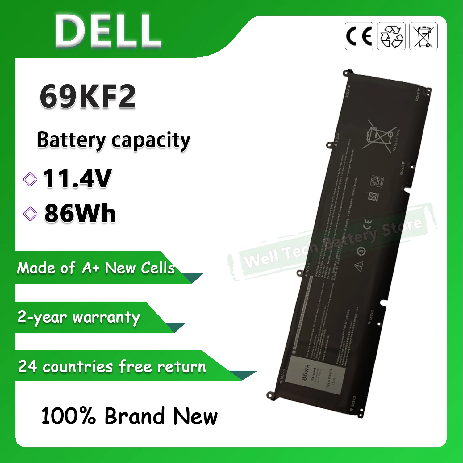 11.4V 86Wh 69KF2 Laptop Battery For P91F, M15 R3, M17 R3 2020, M17 R4, XPS 15 9500, Precision 5550, G15 5510 5511 5515 5520