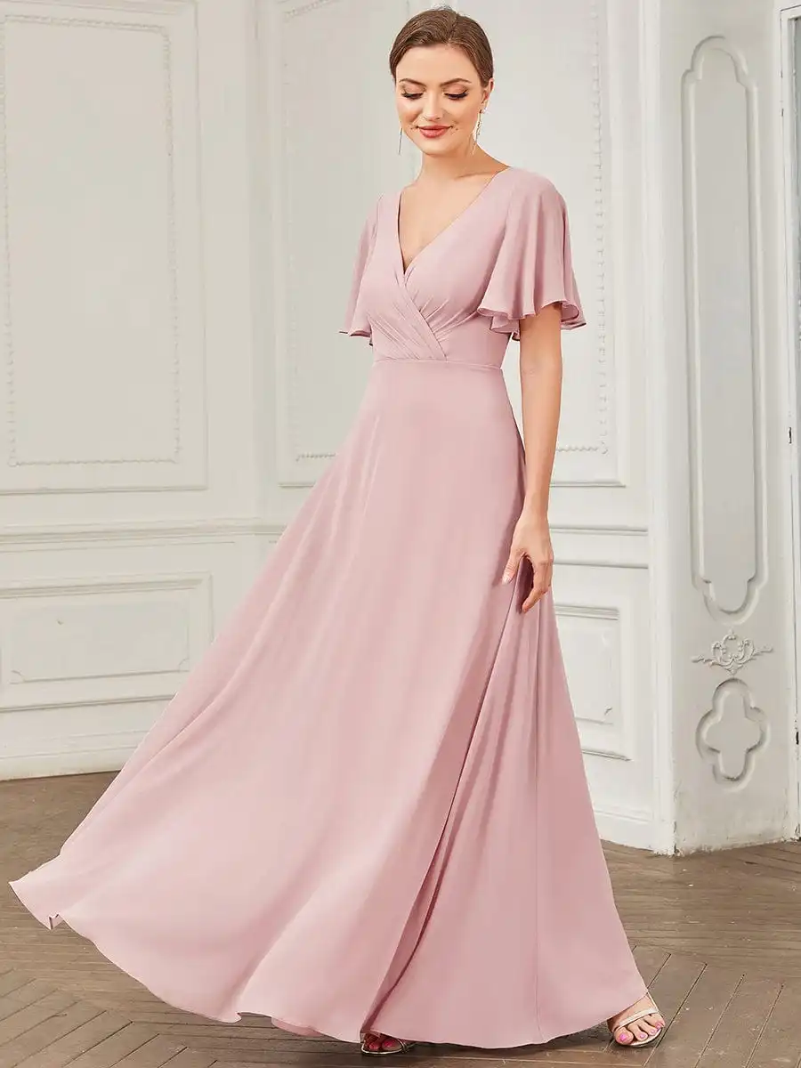 Simple Chiffon Tie-Back Keyhole Short Sleeve A-line Bridesmaid Dress V Neck Pleated Prom Dresses Floor Length Evening Dresses