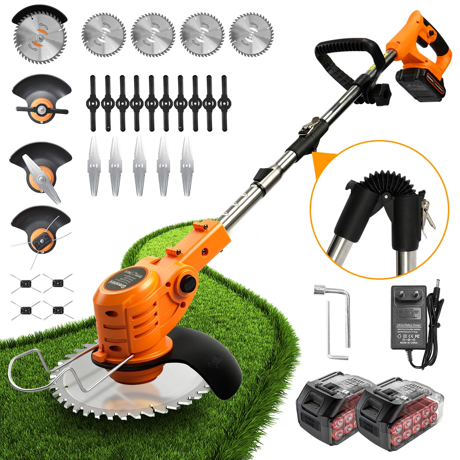 Tondeuse à gazon sans fil Grenintol 21V, taille-bordures sans fil pliable, batterie 4.0AH, 4 types de lames, taille-bordures électrique 2 en 1 pour pelouse et jardin