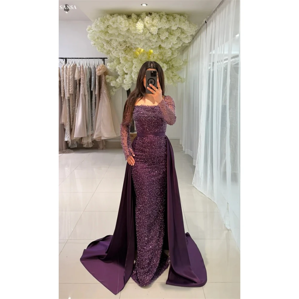 

Sansa Customized Purple Mermaid Beaded Detachable Train Prom Dress Long Sleeve Vestidos De Noche Floor-Length Formal Evening