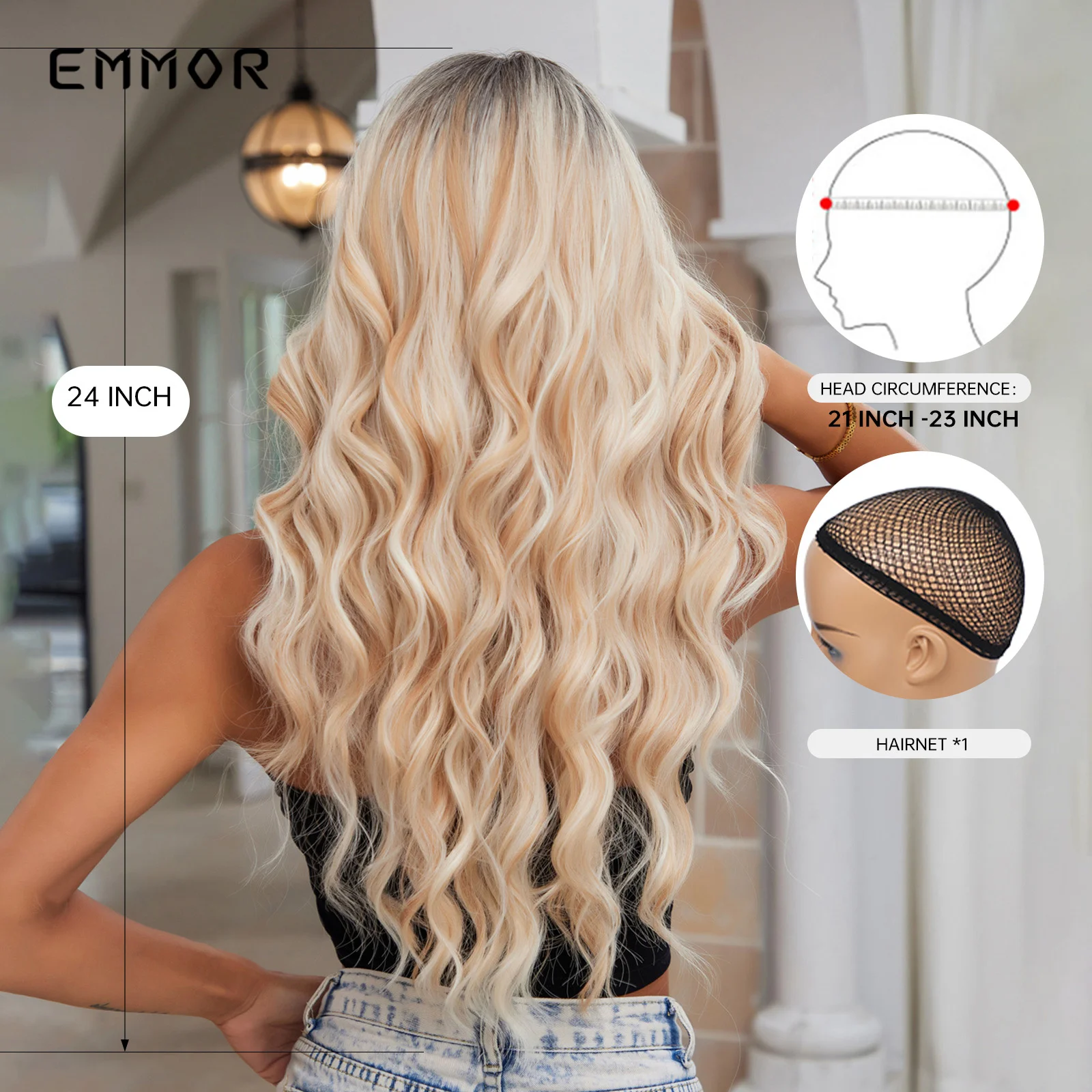 Emmor Long Wavy Blonde Synthetic Wigs Ombre Brown Daily Natural Hair Wigs With Bangs Cosplay Party for Women Heat Resistant Hair