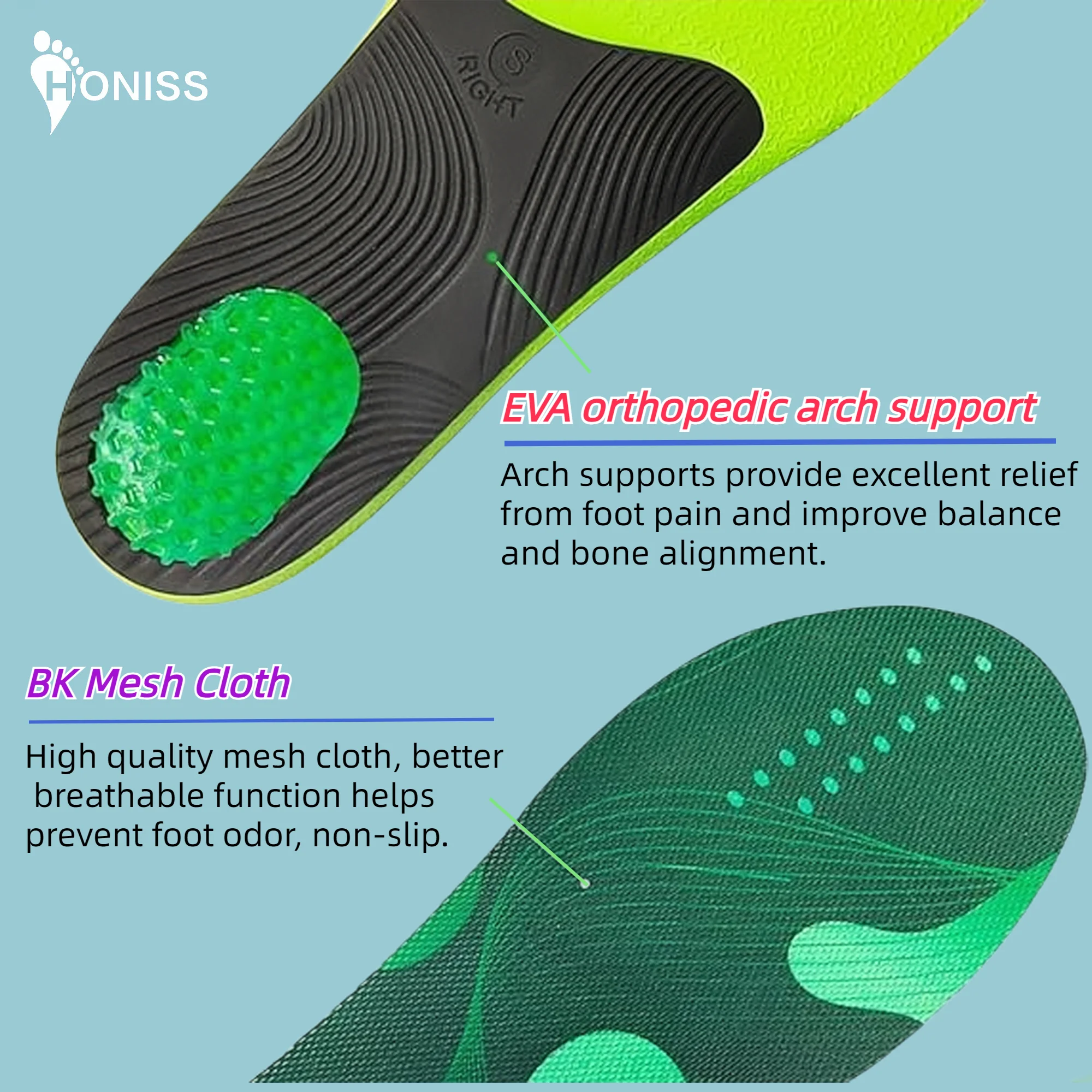 1 pair of flat arch support PU foam green breathable elastic insole long pad suitable for men and women