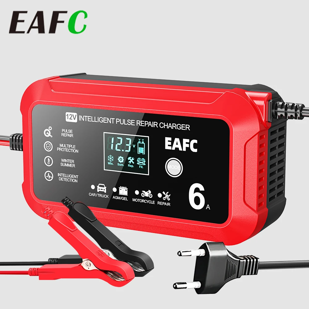 EAFC-cargador inteligente de reparación de pulso, 12V, 6A, multimodo, para coche, motocicleta, batería AGM/GEL con pantalla LCD de 6 protecciones